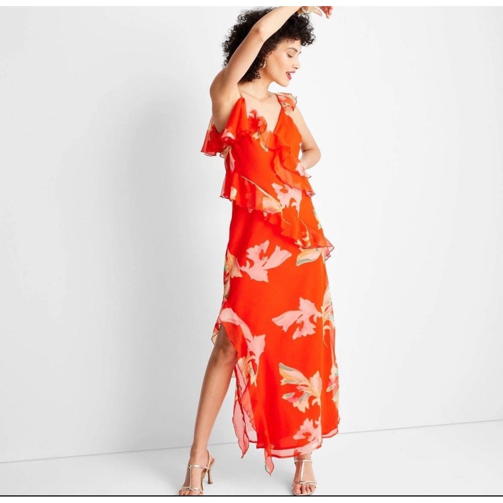 Floral Ruffle Maxi Dress Sleeveless Party Cocktail Flowy Orange Size Small